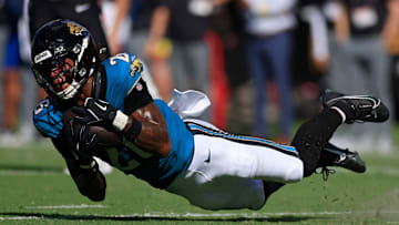 Jacksonville Jaguars safety Antonio Johnson (26) closes out the game with an interception during the fourth quarter of an NFL football matchup at EverBank Stadium, Sunday, Sept. 21, 2025, in Jacksonville, Fla. The Jaguars defeated the Texans 17-10. [Corey Perrine/Florida Times-Union]