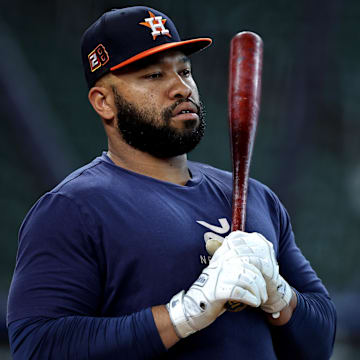 Aug 16, 2024; Houston, Texas, USA; Houston Astros first baseman Jon Singleton (28) prior to the game against the Chicago White Sox at Minute Maid Park