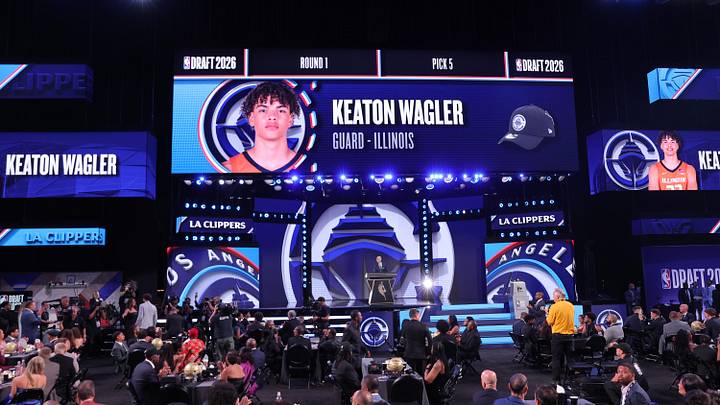 Jun 23, 2026; New York, NY, USA; NBA commissioner Adam Silver annouces the fifth pick in the 2026 NBA draft, Illinois guard Keaton Wagler after he was selected by the Los Angeles Clippers at Barclays Center. Mandatory Credit: Brad Penner-Imagn Images