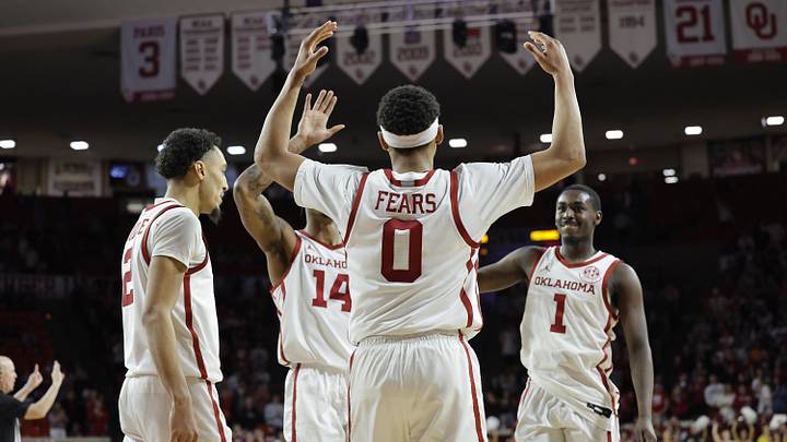 Mar 5, 2025; Norman, Oklahoma, USA; Oklahoma Sooners guard Jeremiah Fears (0) gestures after scoring against the Missouri Tigers during the second half at Lloyd Noble Center. Mandatory Credit: Alonzo Adams-Imagn Images
