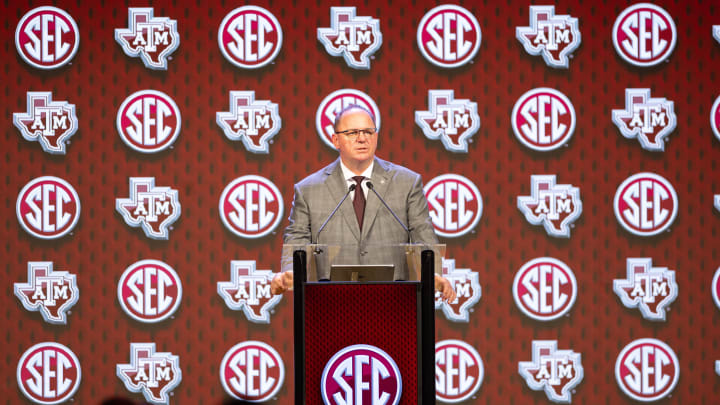 Jul 18, 2024; Dallas, TX, USA; Texas A&M head coach Mike Elko speaking at Omni Dallas Hotel. Mandatory Credit: Brett Patzke-USA TODAY Sports