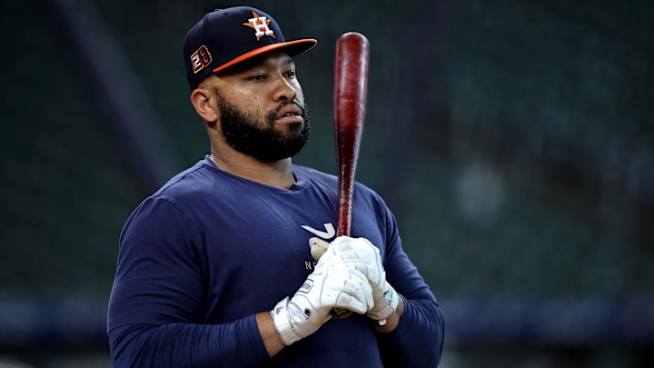 Aug 16, 2024; Houston, Texas, USA; Houston Astros first baseman Jon Singleton (28) prior to the game against the Chicago White Sox at Minute Maid Park