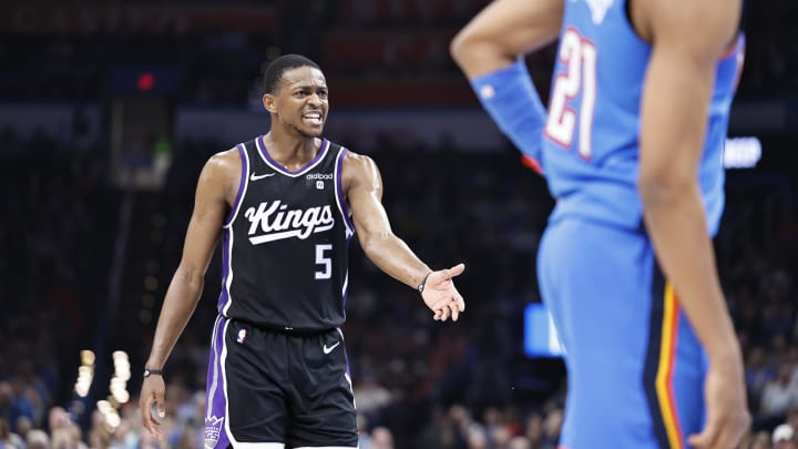 Apr 9, 2024; Oklahoma City, Oklahoma, USA; Sacramento Kings guard De'Aaron Fox (5) reacts to an officials call during the second half against the Oklahoma City Thunder at Paycom Center. Mandatory Credit: Alonzo Adams-USA TODAY Sports