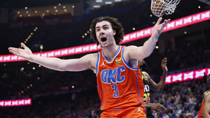 Mar 29, 2024; Oklahoma City, Oklahoma, USA; Oklahoma City Thunder guard Josh Giddey (3) reacts to an officials call after a play against the Phoenix Suns during the second half at Paycom Center. Mandatory Credit: Alonzo Adams-USA TODAY Sports