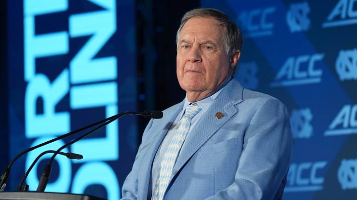 Jul 17, 2026; Charlotte, NC, USA; North Carolina head coach Bill Belichick talks with the media during interviews at Hilton Charlotte Uptown. Mandatory Credit: Jim Dedmon-Imagn Images