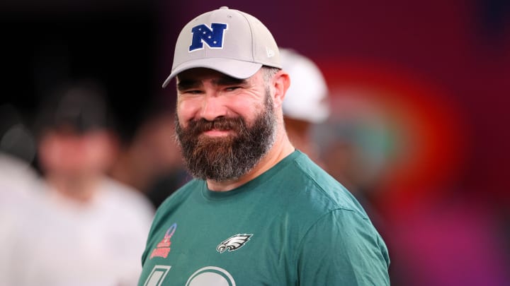 Feb 1, 2024; Orlando, FL, USA;  Philadelphia Eagles center Jason Kelce (62) participates in the NFL Pro Bowl Skills Competition at the UCF NIcholson Fieldhouse. Mandatory Credit: Nathan Ray Seebeck-USA TODAY Sports