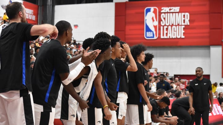 The Orlando Magic bench reacts to a late-game call versus the Cavaliers in their first 2K25 Summer League game in Las Vegas.