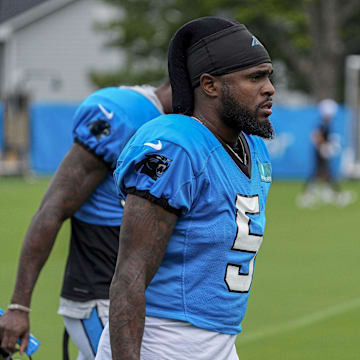 Jul 30, 2024; Charlotte, NC, USA; Carolina Panthers wide receiver Diontae Johnson (5) at Carolina Panthers Practice Fields. Mandatory Credit: Jim Dedmon-Imagn Images