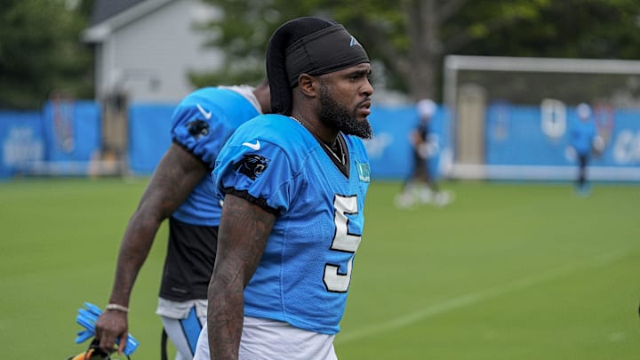 Jul 30, 2024; Charlotte, NC, USA; Carolina Panthers wide receiver Diontae Johnson (5) at Carolina Panthers Practice Fields. Mandatory Credit: Jim Dedmon-Imagn Images