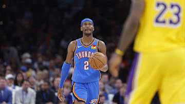 Apr 8, 2025; Oklahoma City, Oklahoma, USA; Oklahoma City Thunder guard Shai Gilgeous-Alexander (2) dribbles down the court against the Los Angeles Lakers during the second half at Paycom Center. Mandatory Credit: Alonzo Adams-Imagn Images