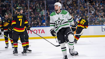 Mar 28, 2024; Vancouver, British Columbia, CAN; Dallas Stars forward Jamie Benn (14) celebrates his goal against the Vancouver Canucks in the third period at Rogers Arena. Dallas won 3 - 1. Mandatory Credit: Bob Frid-Imagn Images