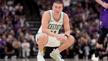 Boston Celtics guard Payton Pritchard (11) rests during a break in the action against the Sacramento Kings in the fourth quarter at the Golden 1 Center.