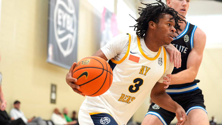 July 15, 2025; North Augusta, South Carolina, USA; NY Rens Jasiah Jervis (3) moves towards the basket during the NY Rens and JL3 game at Nike EYBL Peach Jam at Riverview Park Activities Center. The NY Rens won 83-53. Mandatory Credit: Katie Goodale - Augusta Chronicle/USA TODAY NETWORK