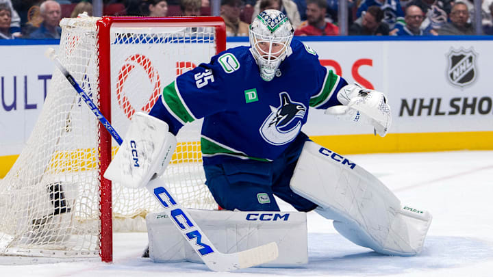 Apr 16, 2024; Vancouver, British Columbia, CAN; Vancouver Canucks goalie Thatcher Demko (35) in the goal against the Calgary Flames in the second period at Rogers Arena. Mandatory Credit: Bob Frid-Imagn Images