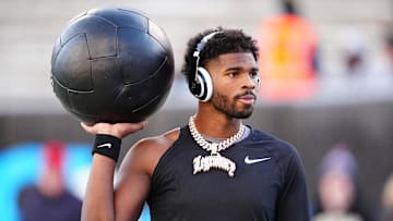 Nov 29, 2024; Boulder, Colorado, USA; Colorado Buffaloes quarterback Shedeur Sanders (2) before the game against the Oklahoma State Cowboys at Folsom Field. Mandatory Credit: Ron Chenoy-Imagn Images