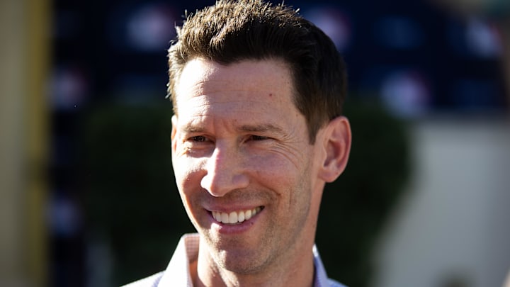 Nov 7, 2023; Scottsdale, AZ, USA; Boston Red Six chief baseball officer Craig Breslow speaks to the media during the MLB General Manager's Meetings at Omni Scottsdale Resort & Spa. Mandatory Credit: Mark J. Rebilas-Imagn Images