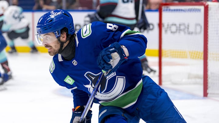 Sep 24, 2024; Vancouver, British Columbia, CAN;  Vancouver Canucks forward Conor Garland (8) skates against the Seattle Kraken during the third period at Rogers Arena. Mandatory Credit: Bob Frid-Imagn Images