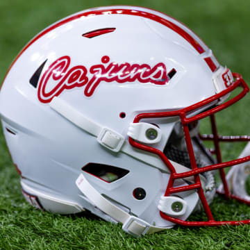 Dec 16, 2023; New Orleans, LA, USA;  Detailed view of the Louisiana-Lafayette Ragin Cajuns helmet on a time out against the Jacksonville State Gamecocks during the first half at the Caesars Superdome. Mandatory Credit: Stephen Lew-USA TODAY Sports