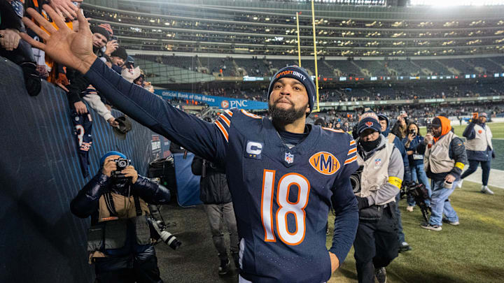 Bears quarterback Caleb Williams celebrates after leading his team to a comeback win over the Packers.