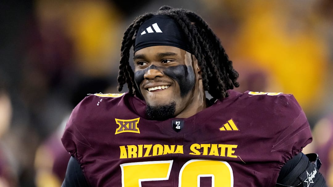 Nov 28, 2025; Tempe, Arizona, USA; Arizona State Sun Devils offensive lineman Max Iheanachor (58) against the Arizona Wildcats during the 99th Territorial Cup at Mountain America Stadium. Mandatory Credit: Mark J. Rebilas-Imagn Images