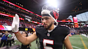 Oct 13, 2025; Atlanta, Georgia, USA; Atlanta Falcons wide receiver Drake London (5) leaves the field after warm ups prior to a game against the Buffalo Bills at Mercedes-Benz Stadium. Mandatory Credit: Brett Davis-Imagn Images