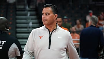 Nov 8, 2025; Austin, Texas, USA; Texas Longhorns head coach Sean Miller enters the court before the game against the Lafayette Leopards at Moody Center. Mandatory Credit: Dustin Safranek-Imagn Images