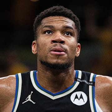 Apr 29, 2025; Indianapolis, Indiana, USA; Milwaukee Bucks forward Giannis Antetokounmpo (34) during game five of the first round for the 2024 NBA Playoffs against the Indiana Pacers at Gainbridge Fieldhouse. Mandatory Credit: Trevor Ruszkowski-Imagn Images