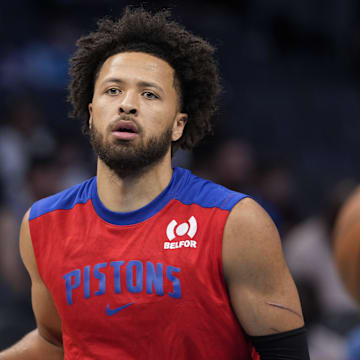 Nov 6, 2024; Charlotte, North Carolina, USA;  Detroit Pistons guard Cade Cunningham (2) during the first quarter against the Charlotte Hornets at Spectrum Center. Mandatory Credit: Jim Dedmon-Imagn Images