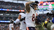 Nov 2, 2025; Cincinnati, Ohio, USA; Chicago Bears tight end Colston Loveland (84) celebrates after scoring a touchdown against the Cincinnati Bengals during the fourth quarter at Paycor Stadium. Mandatory Credit: Joseph Maiorana-Imagn Images