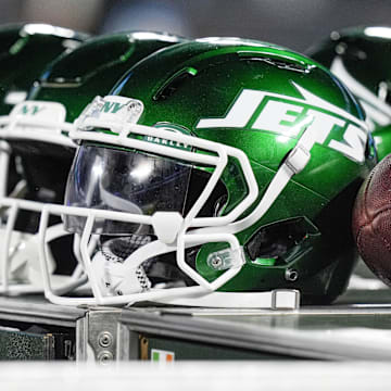 Aug 17, 2024; Charlotte, North Carolina, USA; New York Jets helmets during the second half against the Carolina Panthers at Bank of America Stadium. Mandatory Credit: Jim Dedmon-Imagn Images