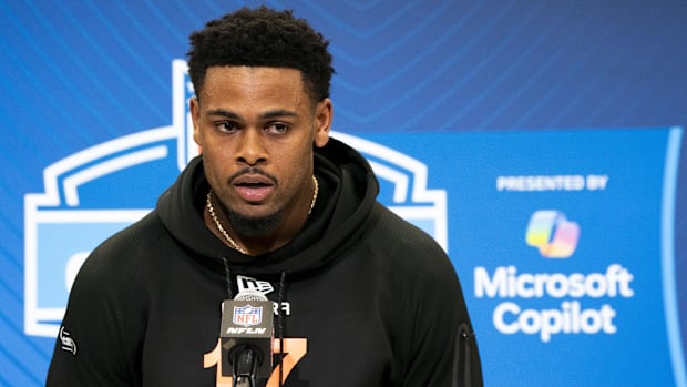 Feb 28, 2025; Indianapolis, IN, USA; Mississippi wideout Tre Harris (WO17) answers questions at a press conference during the