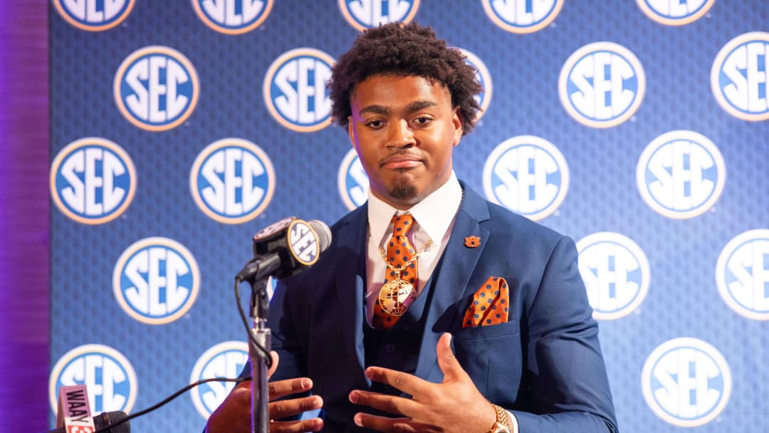 Jul 18, 2024; Dallas, TX, USA; Auburn defensive end Keldric Faulk speaking to the media at Omni Dallas Hotel. Mandatory Credit: Brett Patzke-USA TODAY Sports