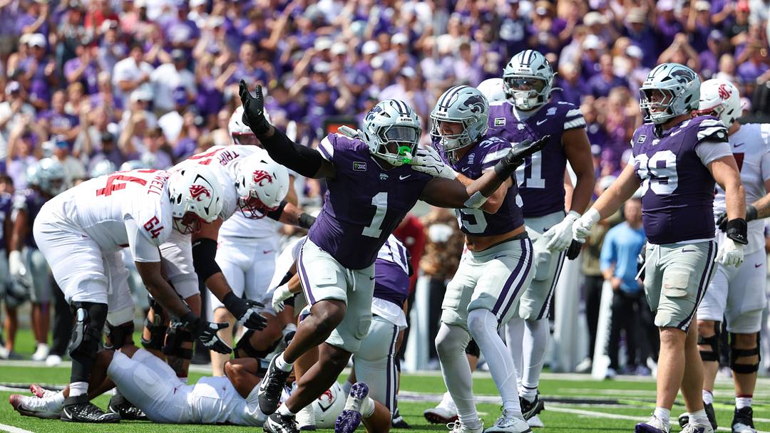 Sep 12, 2026; Manhattan, Kansas, USA; Kansas State Wildcats defensive end Wendell Gregory (1) and linebacker Gabe Powers (35) celebrate a sack against the Washington State Cougars in the third quarter at Bill Snyder Family Football Stadium. Mandatory Credit: Scott Sewell-Imagn Images Sep 12, 2026; Manhattan, Kansas, USA; Kansas State Wildcats defensive end Wendell Gregory (1) and linebacker Gabe Powers (35) celebrate a sack against the Washington State Cougars in the third quarter at Bill Snyder Family Football Stadium. Mandatory Credit: Scott Sewell-Imagn Images