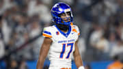 Dec 31, 2024; Glendale, AZ, USA; Boise State Broncos wide receiver Prince Strachan (17) against the Penn State Nittany Lions during the Fiesta Bowl at State Farm Stadium. Mandatory Credit: Mark J. Rebilas-Imagn Images