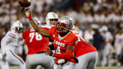 Aug 31, 2024; Tucson, Arizona, USA; New Mexico quarterback Devon Dampier (4) throws ball during second quarter at Arizona Stadium. Mandatory Credit: Aryanna Frank-Imagn Images