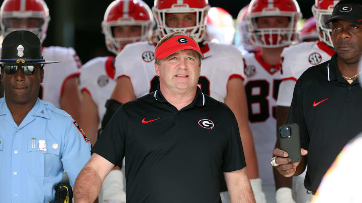 Oct 28, 2023; Jacksonville, Florida, USA; Georgia Bulldogs head coach Kirby Smart leads his players out of the tunnel prior to a game against the Florida Gators at EverBank Stadium. Mandatory Credit: Kim Klement Neitzel-USA TODAY Sports
