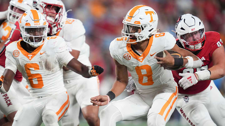 Tennessee quarterback Nico Iamaleava (8) runs the ball at the NCAA College football game between Tennessee and NC State on Saturday, Sept. 7, 2024 in Charlotte, NC.