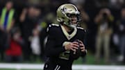 Oct 12, 2025; New Orleans, Louisiana, USA; New Orleans Saints quarterback Spencer Rattler (2) throws during the first quarter against the New England Patriots at Caesars Superdome. Mandatory Credit: Stephen Lew-Imagn Images