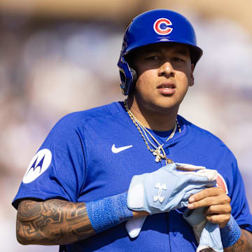 Feb 20, 2025; Phoenix, Arizona, USA; Chicago Cubs designated hitter Moises Ballesteros against the Los Angeles Dodgers during a spring training game at Camelback Ranch-Glendale.