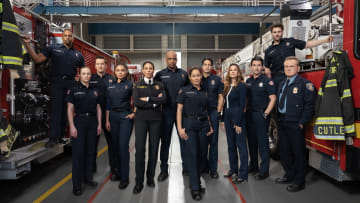 STATION 19 - ABC's "Station 19" stars Jason George as Ben Warren, Danielle Savre as Maya Bishop, Josh Randall as Captain Sean Beckett, Barrett Doss as Victoria Hughes, Merle Dandridge as Fire Chief Natasha Ross, Boris Kodjoe as Captain Robert Sullivan, Jaina Lee Ortiz as Andy Herrera, Carlos Miranda as Theo Ruiz, Stefania Spampinato as Dr. Carina DeLuca, Jay Hayden as Travis Montgomery, Grey Damon as Jack Gibson, and Pat Healy as Michael Dixon. (ABC/James Clark)