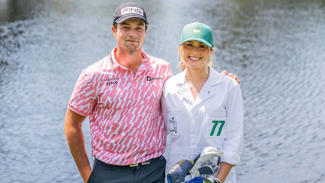 Viktor Hovland with girlfriend Tuva Jensen as caddie during the Par Three Contest prior to the 2026 Masters Golf Tournament. Viktor Hovland with girlfriend Tuva Jensen as caddie during the Par Three Contest prior to the 2026 Masters Golf Tournament.