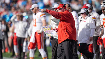 Nov 24, 2024; Charlotte, North Carolina, USA;  Kansas City Chiefs head coach Andy Reid yells out to his offense during the second quarter against the Carolina Panthers at Bank of America Stadium. Mandatory Credit: Jim Dedmon-Imagn Images