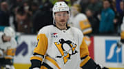Jan 27, 2025; San Jose, California, USA; Pittsburgh Penguins left winger Michael Bunting (8) warms up before the game against the San Jose Sharks at SAP Center at San Jose.