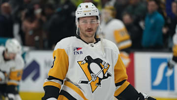 Jan 27, 2025; San Jose, California, USA; Pittsburgh Penguins left winger Michael Bunting (8) warms up before the game against the San Jose Sharks at SAP Center at San Jose.
