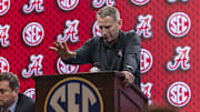 Oct 14, 2025; Birmingham, AL, USA; Alabama Crimson Tide head coach Nate Oats talks with the media during SEC Media Days at Grand Bohemian Hotel. Mandatory Credit: Vasha Hunt-Imagn Images