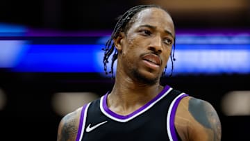 Apr 16, 2025; Sacramento, California, USA; Sacramento Kings forward DeMar DeRozan (10) looks on during the fourth quarter against the Dallas Mavericks at Golden 1 Center. Mandatory Credit: Sergio Estrada-Imagn Images