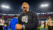 Tennessee State head coach Eddie George reacts after his win against Southeast Missouri State for the 2024 Big South-OVC Championship at Nissan Stadium in Nashville, Tenn., Saturday, Nov. 23, 2024.