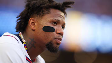  Atlanta Braves right fielder Ronald Acuna Jr. (13) in the dugout against the San Francisco Giants in the third inning at Truist Park.