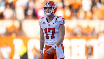 Dec 21, 2024; Austin, Texas, USA; Clemson Tigers quarterback Christopher Vizzina (17) against the Texas Longhorns during the CFP National playoff first round at Darrell K Royal-Texas Memorial Stadium. Mandatory Credit: Mark J. Rebilas-Imagn Images