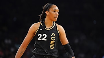 May 28, 2023; Las Vegas, Nevada, USA; Las Vegas Aces forward Aja Wilson (22) competes during the first quarter against the Minnesota Lynx at Michelob Ultra Arena. 